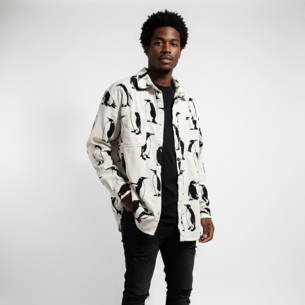 Corduroy All Over Print Penguins Button Up Sz XL Ivory Mens Shirt
